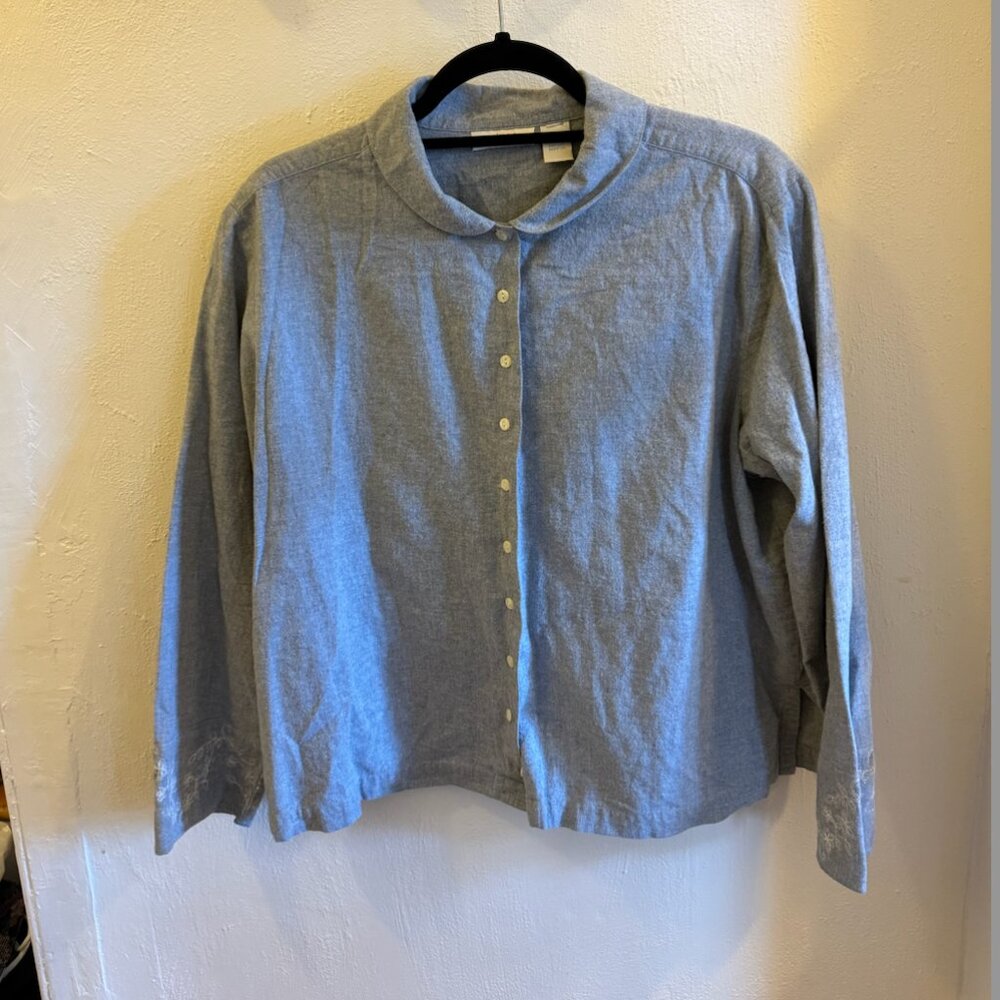 Grey J. Jill blouse with Embroidered Sleeve and Peter Pan Neck